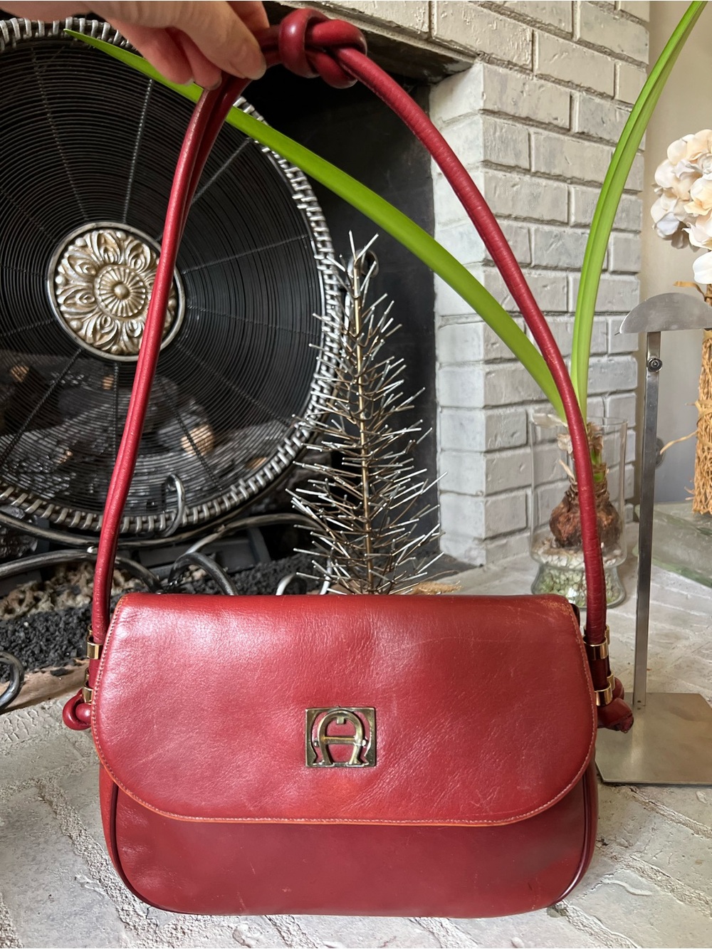 Vintage 70s Etienne Aigner Handmade Oxblood Red Leather Shoulder Bag Brass Logo